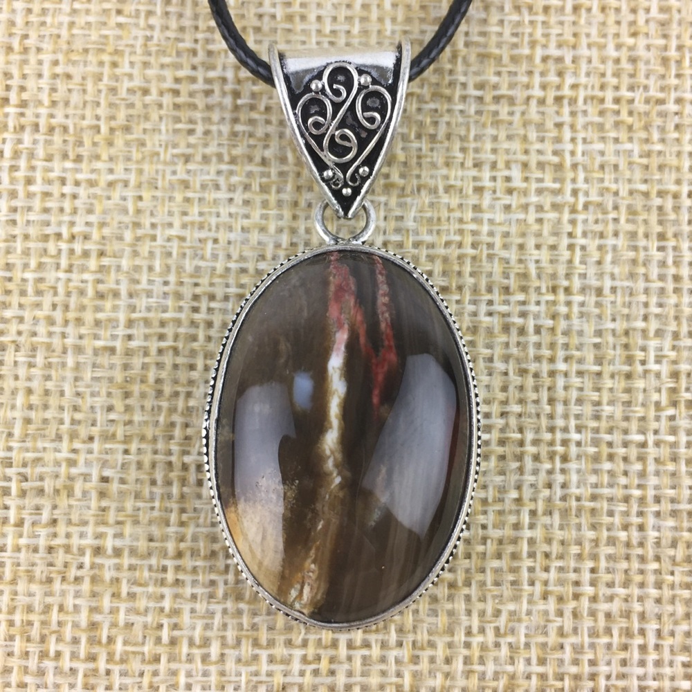 New Jasper Stone Silver Overlay Pendant Necklace